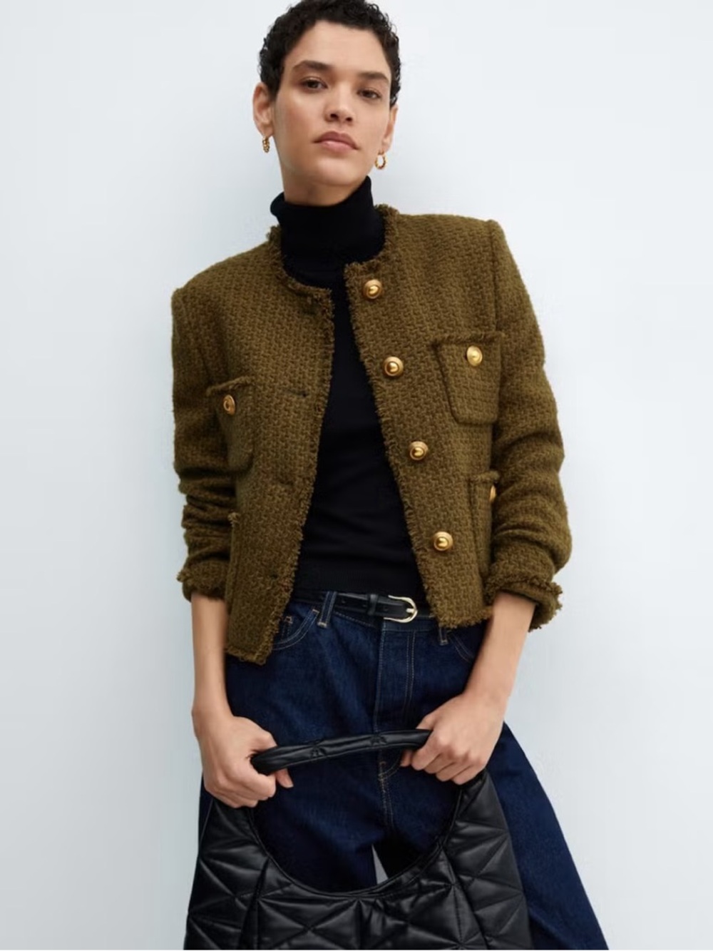 Mango Olive Green Bouclé Cropped Blazer with Gold Buttons